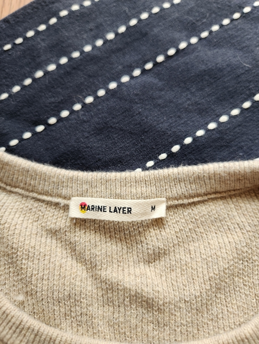 Marine Layer Merino Blend Crewneck Sweater Tee Long Sleeve Tan Beige Size Medium - Picture 5 of 7